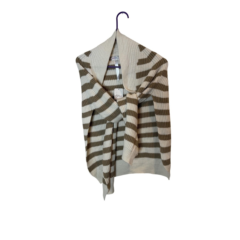 Striped Shawl Collar Cardigan Sweater Womens‎ One Size Camel Cream Wrap Knit